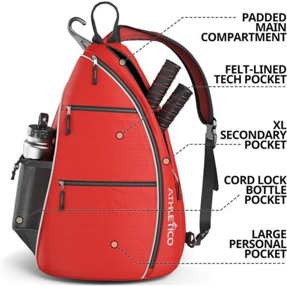Athletico Sling Bag - Crossbody Backpack for Pickleball, Tennis, Racketball - Picture 2 of 7